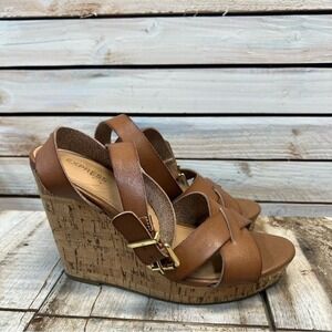 Express Brown Cork Wedge Sandals Strappy Platform Slingback Summer Shoes Size 8